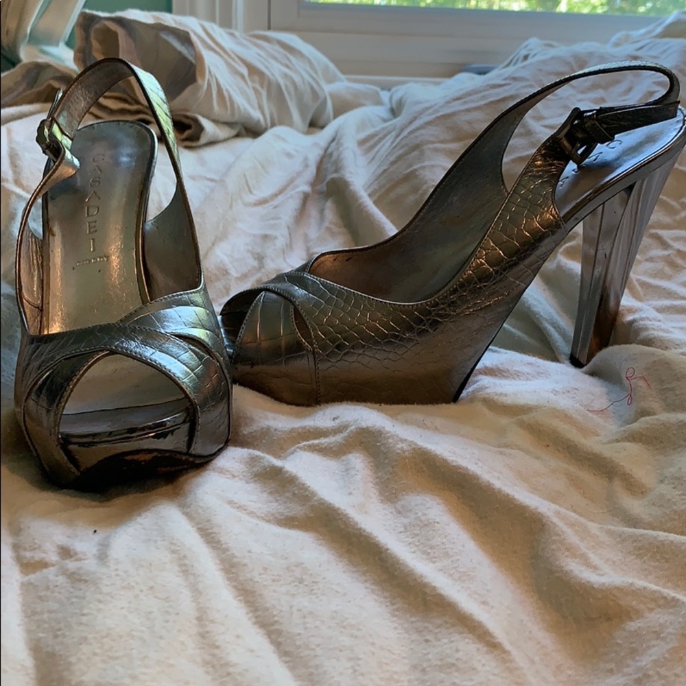 Casadei Silver Leather Peep Toe Slingback Pumps
